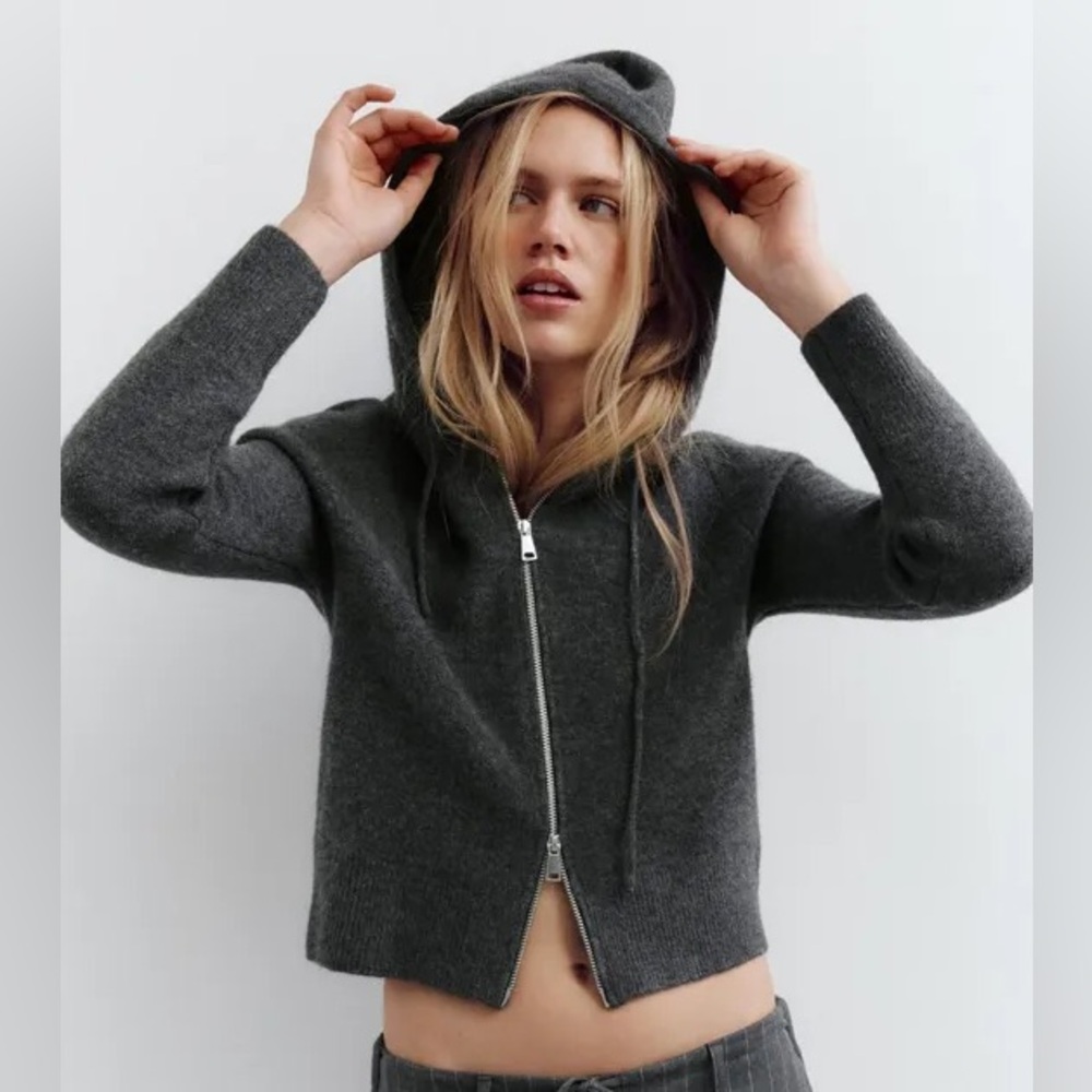 Zara Charcoal Gray Wool Blend Hooded Zippered Cardigan Jacket